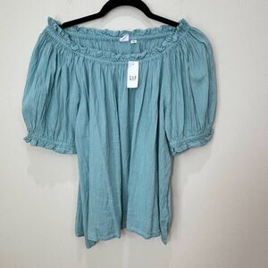 GAP NWT Light Blue Smocked Top Women Small Ruffles Peasant Boho Airy Lightweight